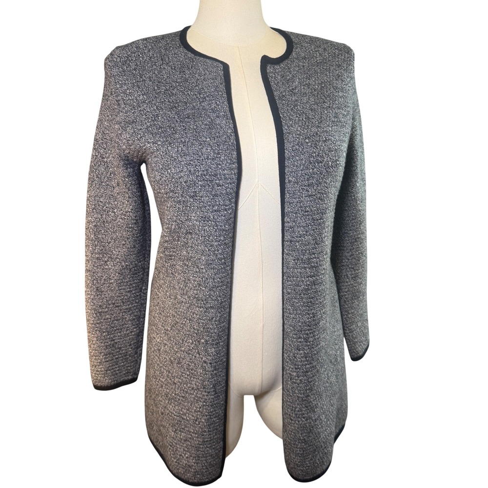 Talbots Petite MP Grey Marled Open Front Knit Cardigan Jacket Navy Trim Longline
